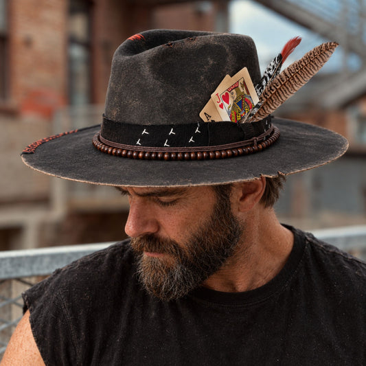 Wildcard – Distressed Black Wide Brim Fedora - Ruediger Hats