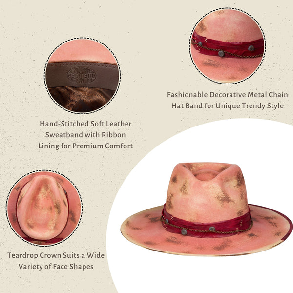 Burnt Distressed Wide Flat Brim Stiff Fedora Pink - Ruediger Hats