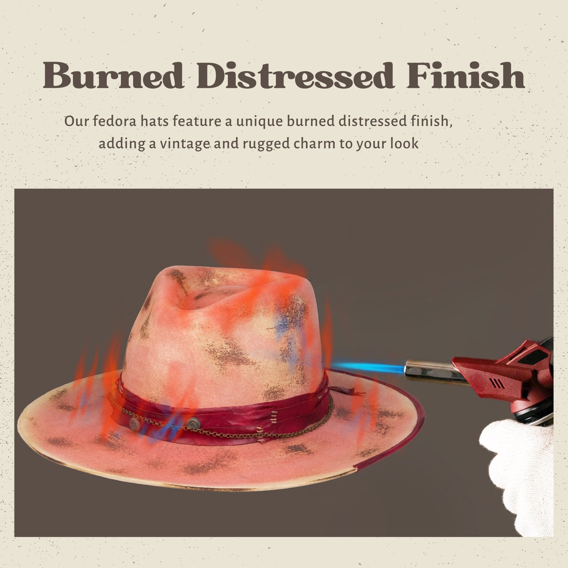 Burnt Distressed Wide Flat Brim Stiff Fedora Pink - Ruediger Hats