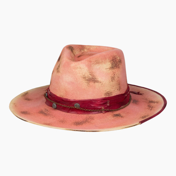 Burnt Distressed Wide Flat Brim Stiff Fedora Pink - Ruediger Hats