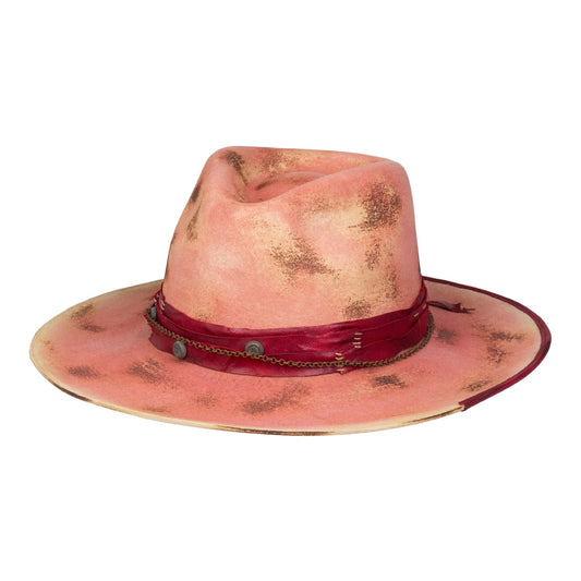 Burnt Distressed Wide Flat Brim Stiff Fedora Pink - Ruediger Hats