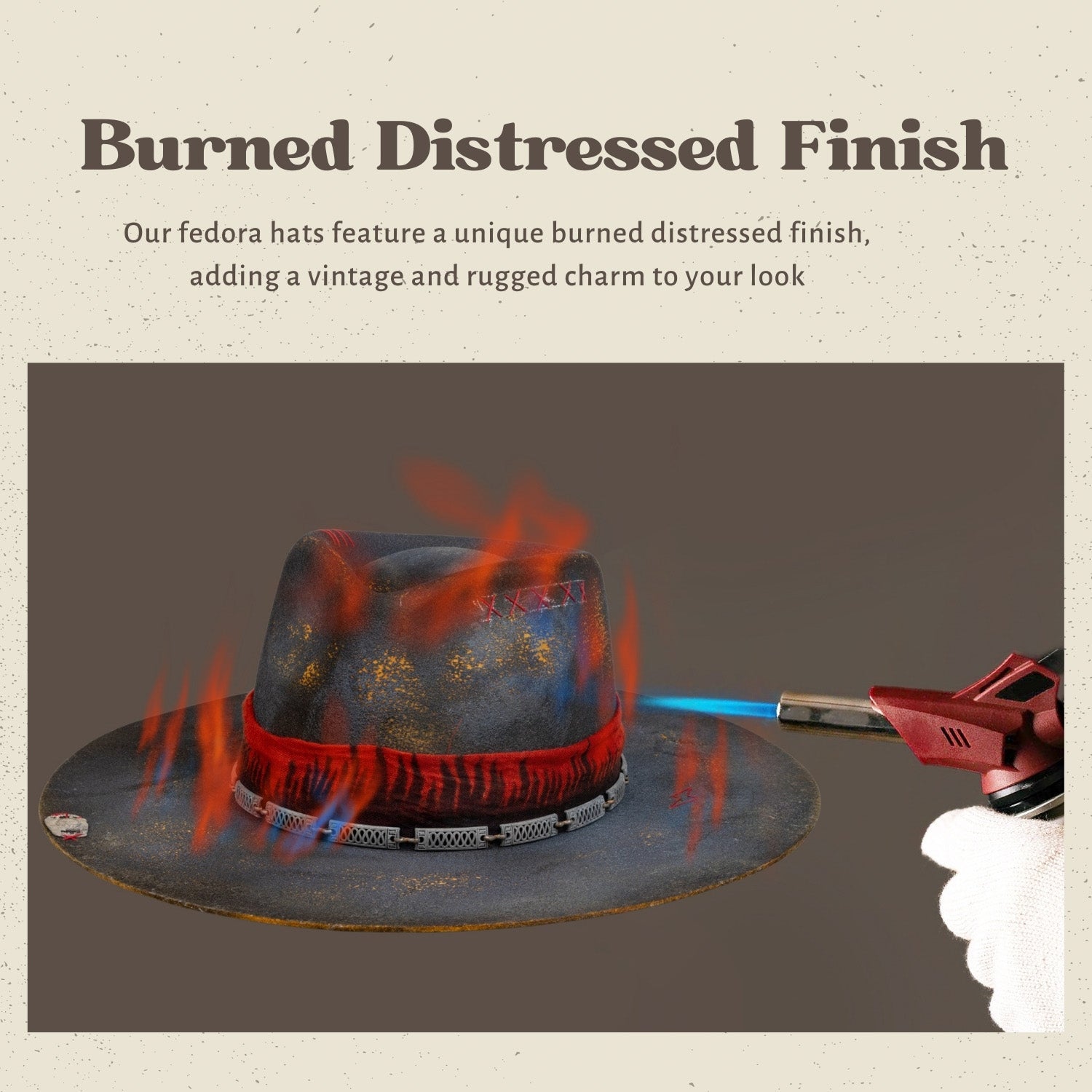 Crimson - Vintage Handcrafted Burned Distressed Fedora Hat Crimson - Vintage Handcrafted Burned Distressed Fedora Hat