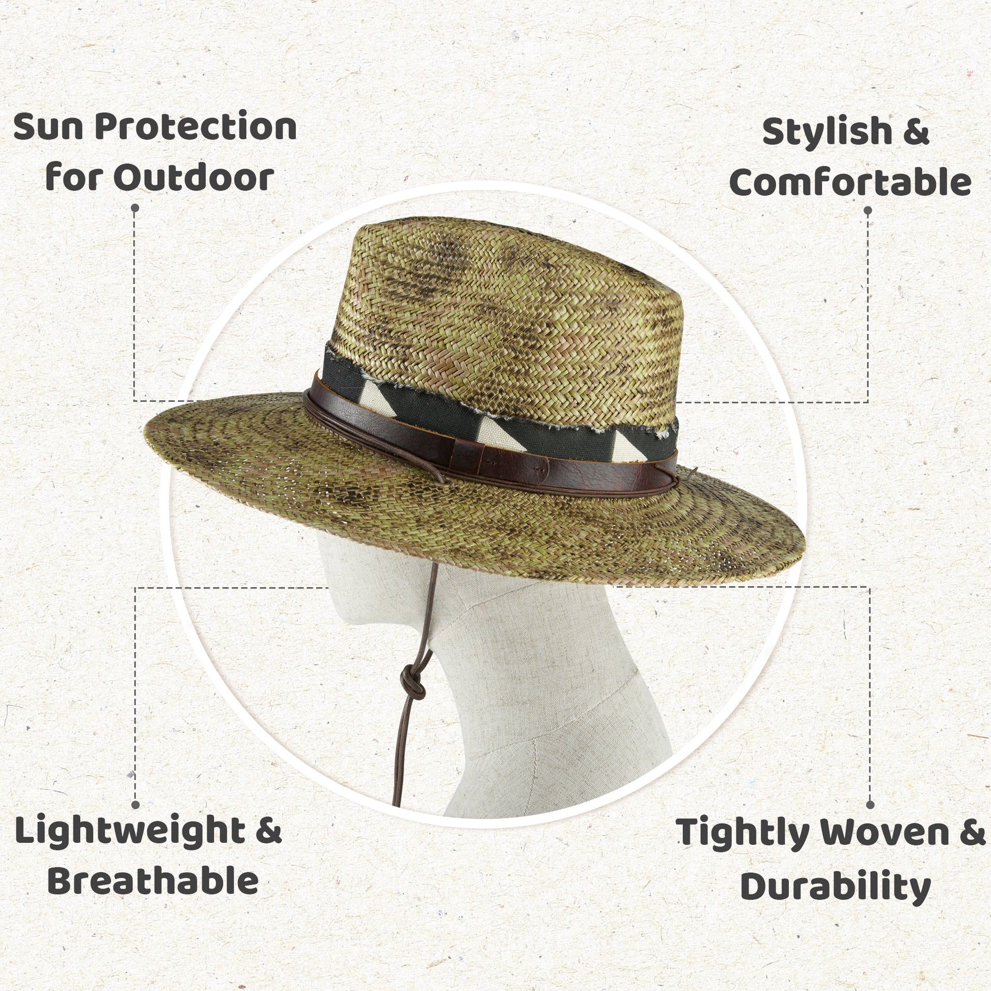 Leather Belt Feathery Straw Hat with Strap - Ruediger Hats