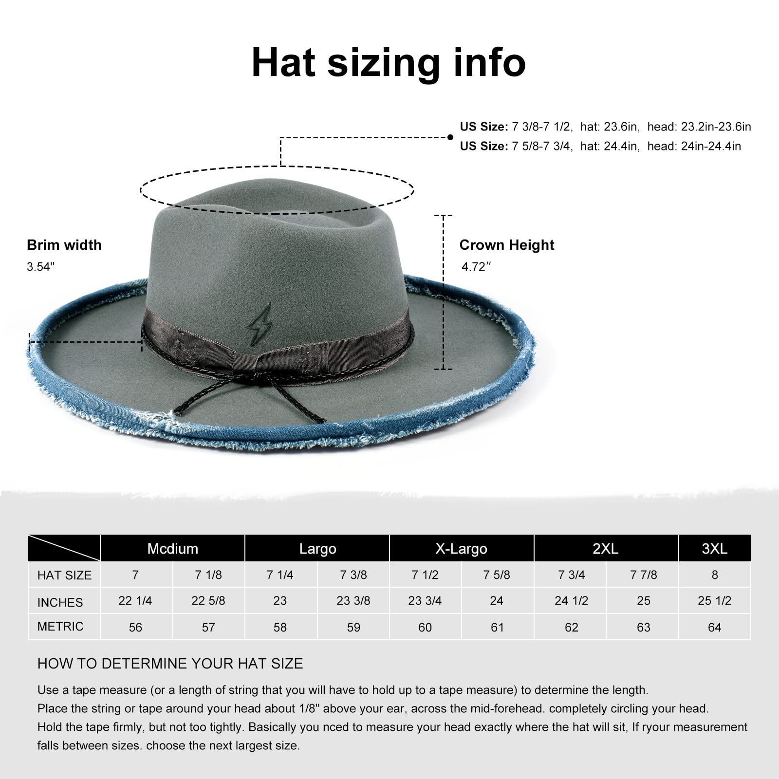 Fedora hat hot sale size chart